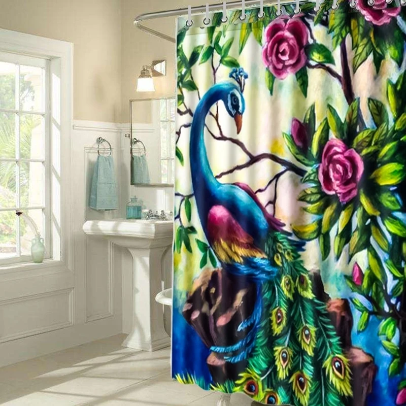 Beautiful Colorful Peacock Flower Waterproof Polyester Printed Bath Shower Curtain Bathroom Home Decor with 10 Hooks Curtain