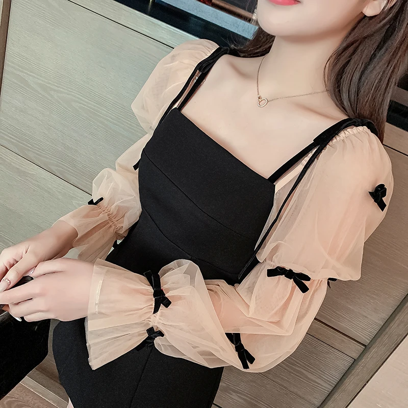 French Elegant Party Night Woman Mini Dress Patchwork Mesh Puff Sleeve Bow Sweet Girls Black Short Dresses Women Clothes Vestido