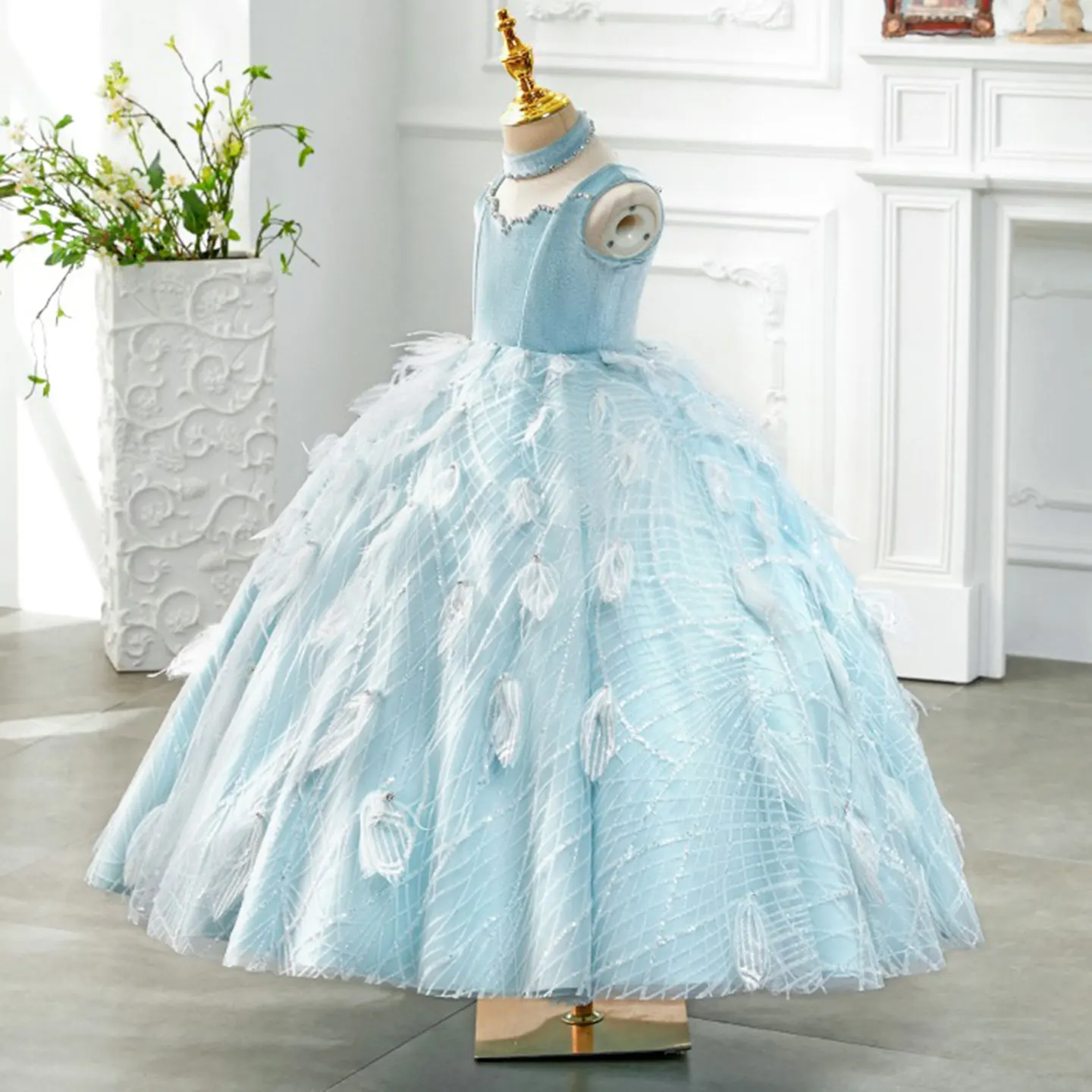 Jill Wish Luxus Dubai Himmelblau Mädchenkleider Stehkragen Feder Arabisch Prinzessin Kinder Geburtstag Hochzeit Party Ballkleid J128