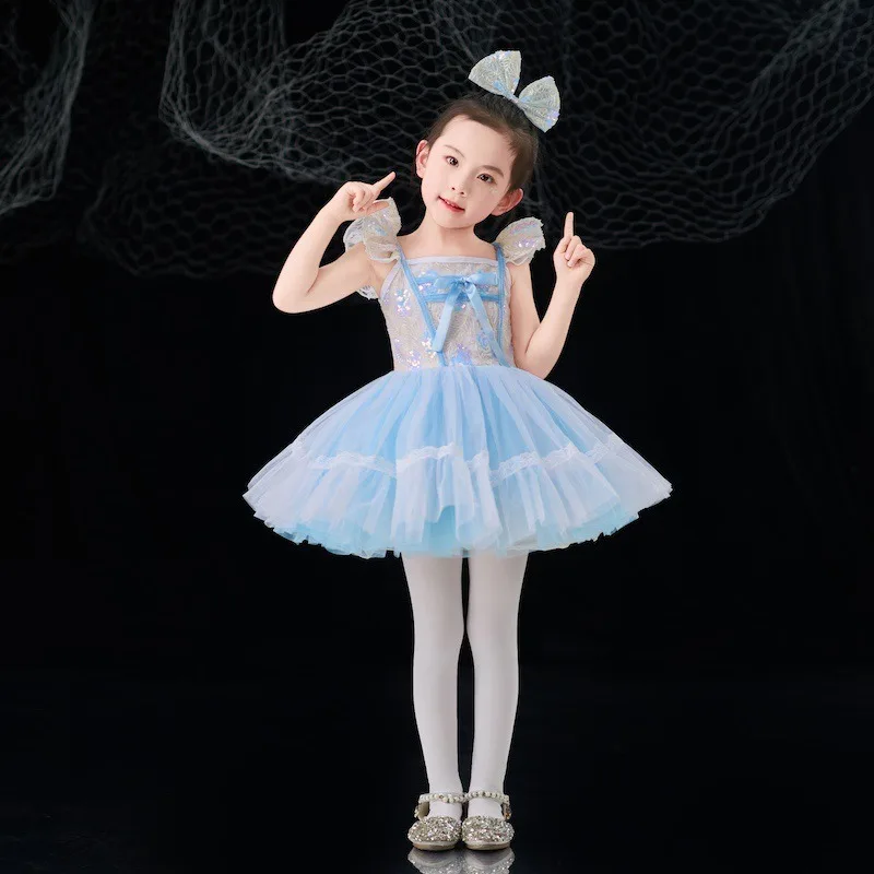 Детское танцевальное платье, балетное платье-пачка, пышная тюлевая юбка с блестками для девочек, вечерние наряды принцессы для выступлений в детском саду
