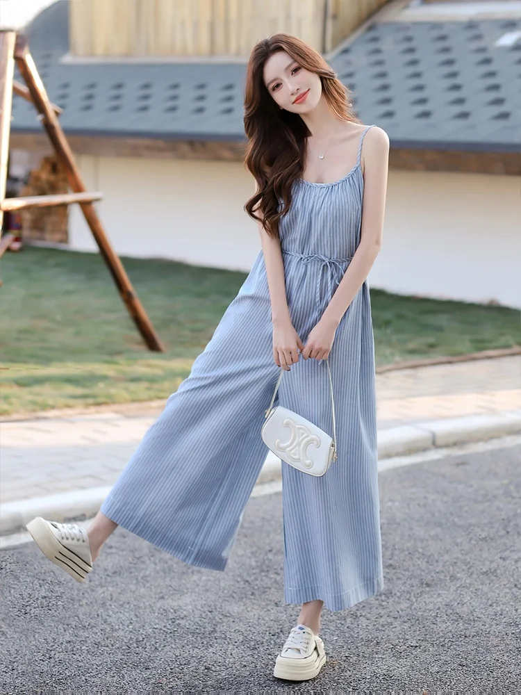 

Loose Striped Women's Overalls Summer 2025 New Lazy Sle plus Size Slimming Casual Strap Pants High Waist Wide Leg Straight ...