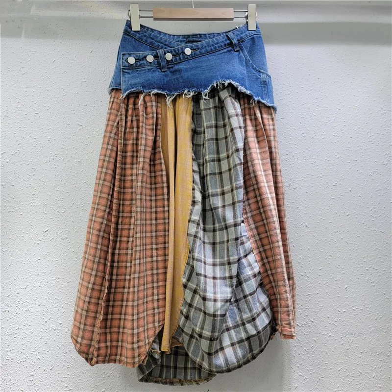 Deconstructed Plaid Denim Skirt | High Waist A-Line Midi, a Statement Boho Chic Skirt for Spring Summer