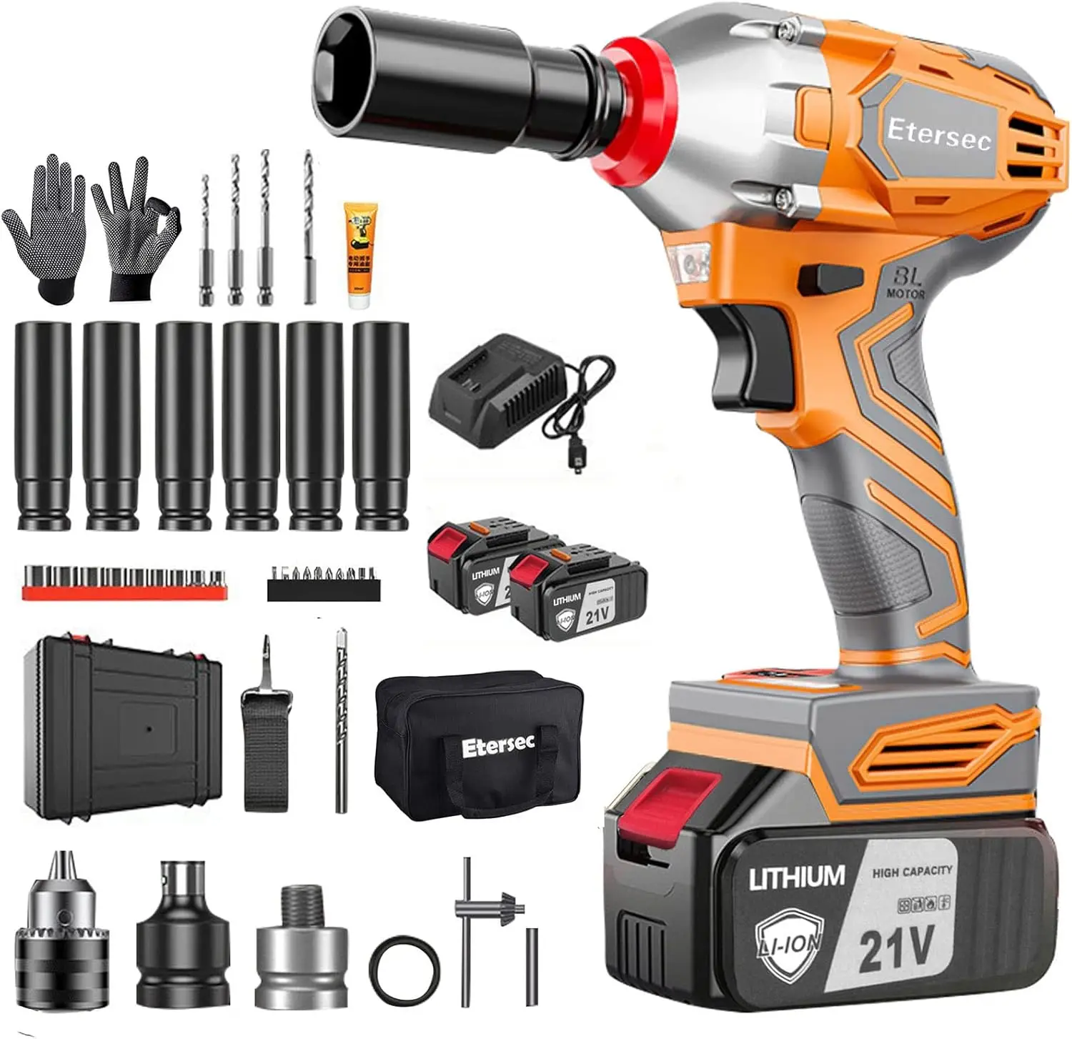 Cordless Impact Wrench 1/2 Inch High Torque 370 Ft-Lbs (500N.M), With 2X 4.0Ah Lithium Batteries,1 Fast Charger, 15 Sockets,4