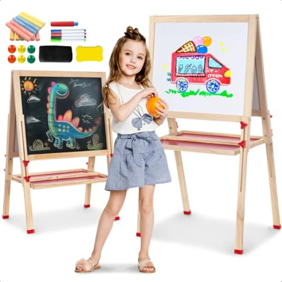 

Wooden Art Easel for Double Sided Foldable Easels for Toddlers 3 4 5 6 7 8 9 10 Years Adjustable Standing Easel with Accories P