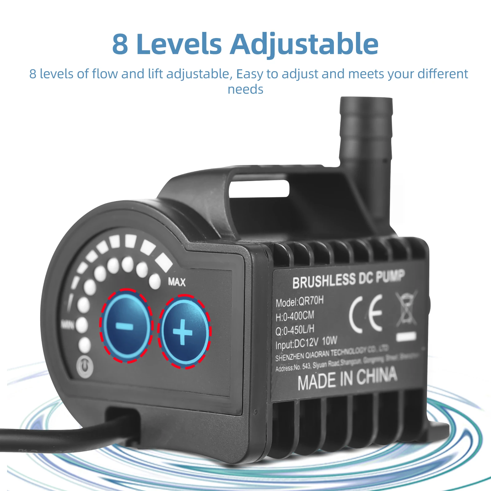 Submersible 12V Water Pump 8 Levels Adjustable 0-700L/H  Fountain Pump with 0-9.8ft Lift, DC Female Plug and Suction Cup Base