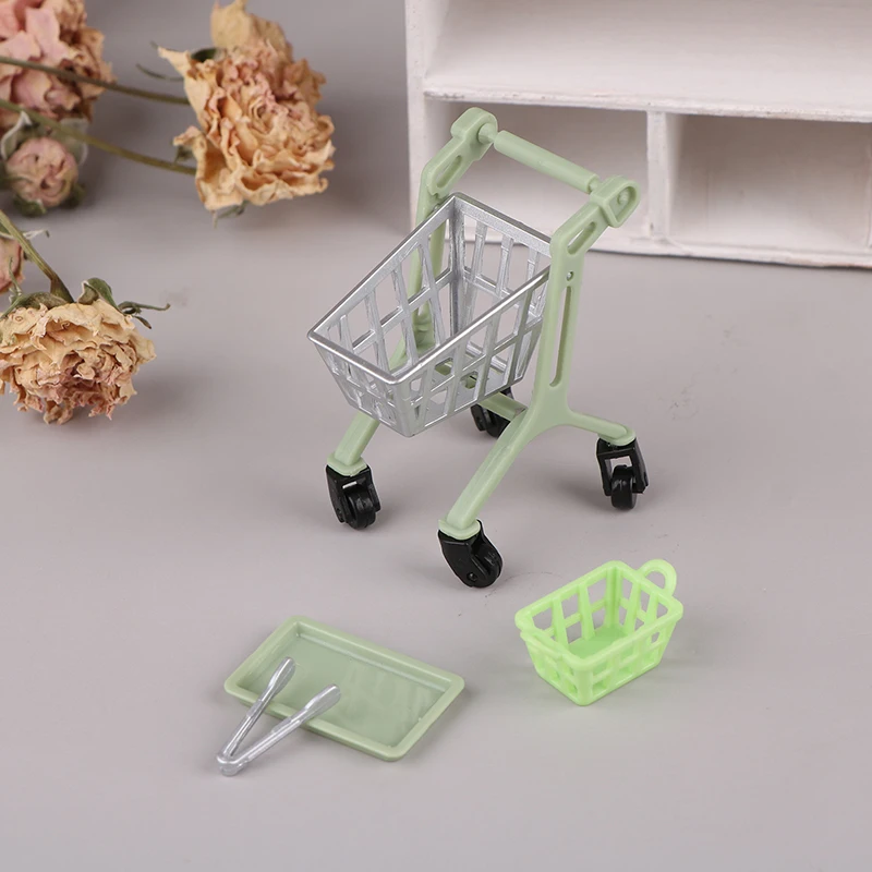 1/12 Dollhouse Miniature Shopping Trolley Shopping Cart Basket Food Clip Tray DIY Dollhouse Supermarket Scene Decor Accessories