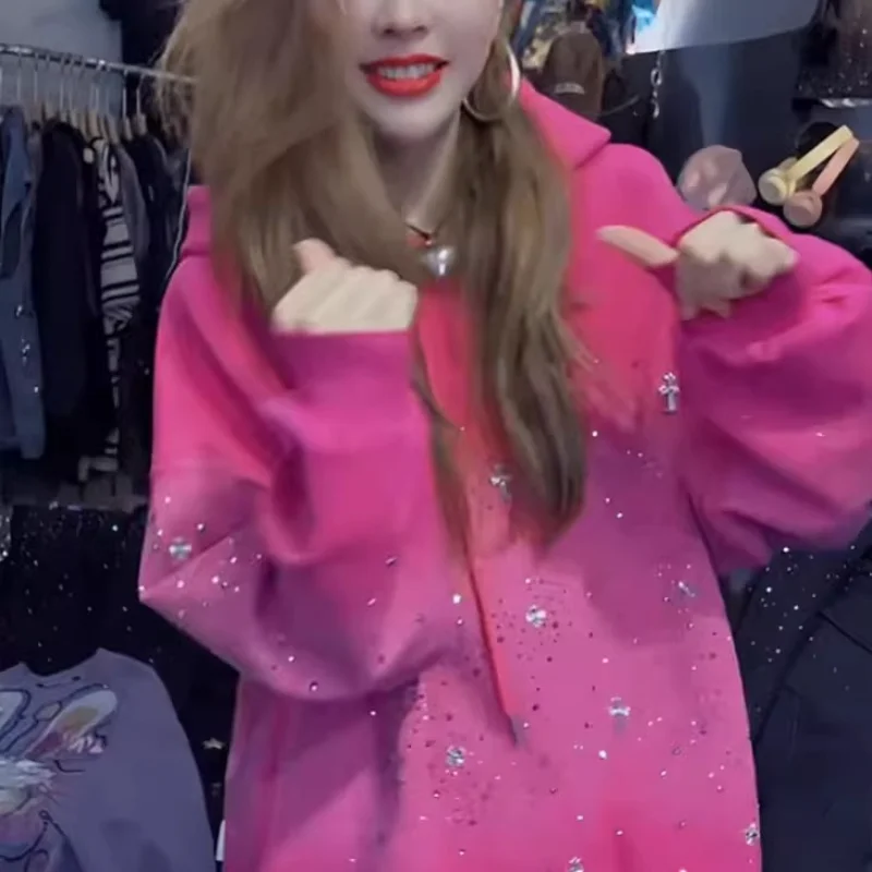 Sudaderas con capucha de talla grande con estampado de diamantes, sudadera con capucha de estilo americano y europeo, nueva sudadera para mujer de Otoño Invierno