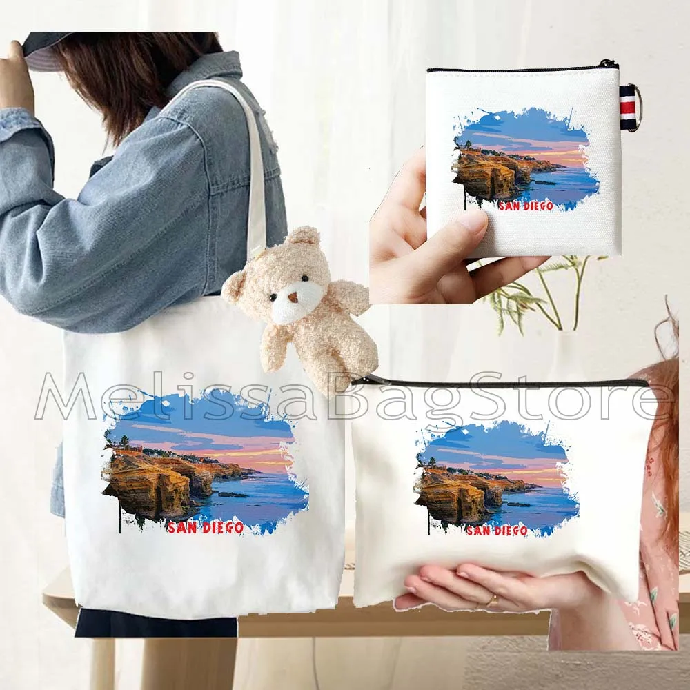 

4PCS Gifts San Diego California White Canvas Tote Bag Handbag with Doll Key Coin Purse Cosmetic Makeup Toilet Bag Case Pouch
