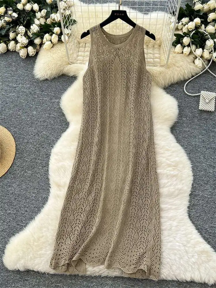 Babyoung split casual vestido de malha 2025 verão suave sem mangas o pescoço sobre camisa oco para fora feminino coreano praia vestidos longos