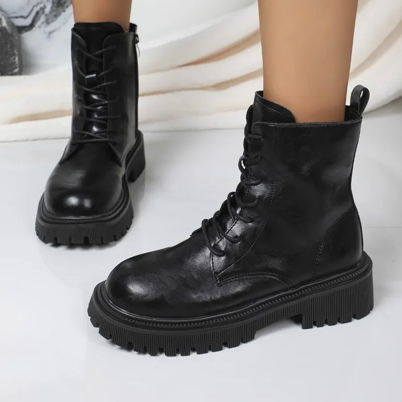 2024 New Women's Shoes Side Zipper Women's Boots Fashion Front Lace-up Modern Boots Women Winter Plus Size Solid Mid-Calf Boots