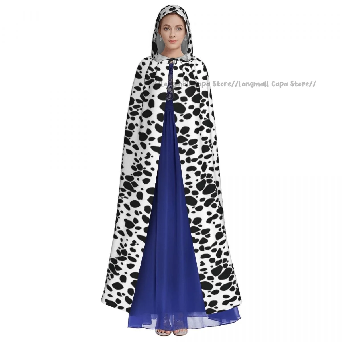 Adult Vampire Cape Hooded Robe Dalmatian Dog Print Halloween Cloak Full Length Cosplay