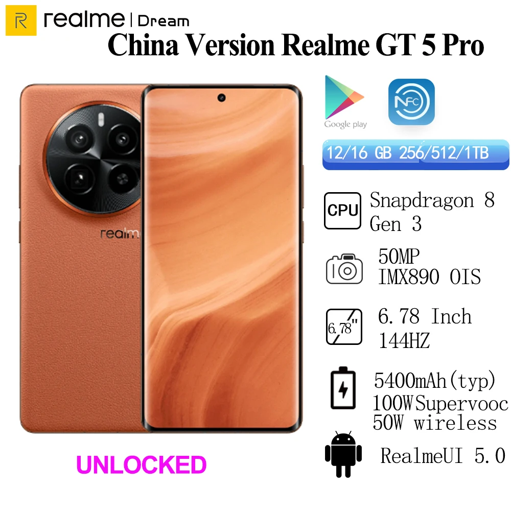 New Original Realme GT 5 Pro Unlocked Snapdragon 8 Gen 3 50MP 6.78 Inch AMOLED 144Hz 50MP OIS 5400mAh 100W Supervooc