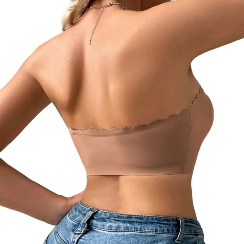 Sutiãs sem alças sem costura para mulheres botão frontal sem costura bandeau ondulado roupa interior versátil tubo superior desgaste interno cor sólida