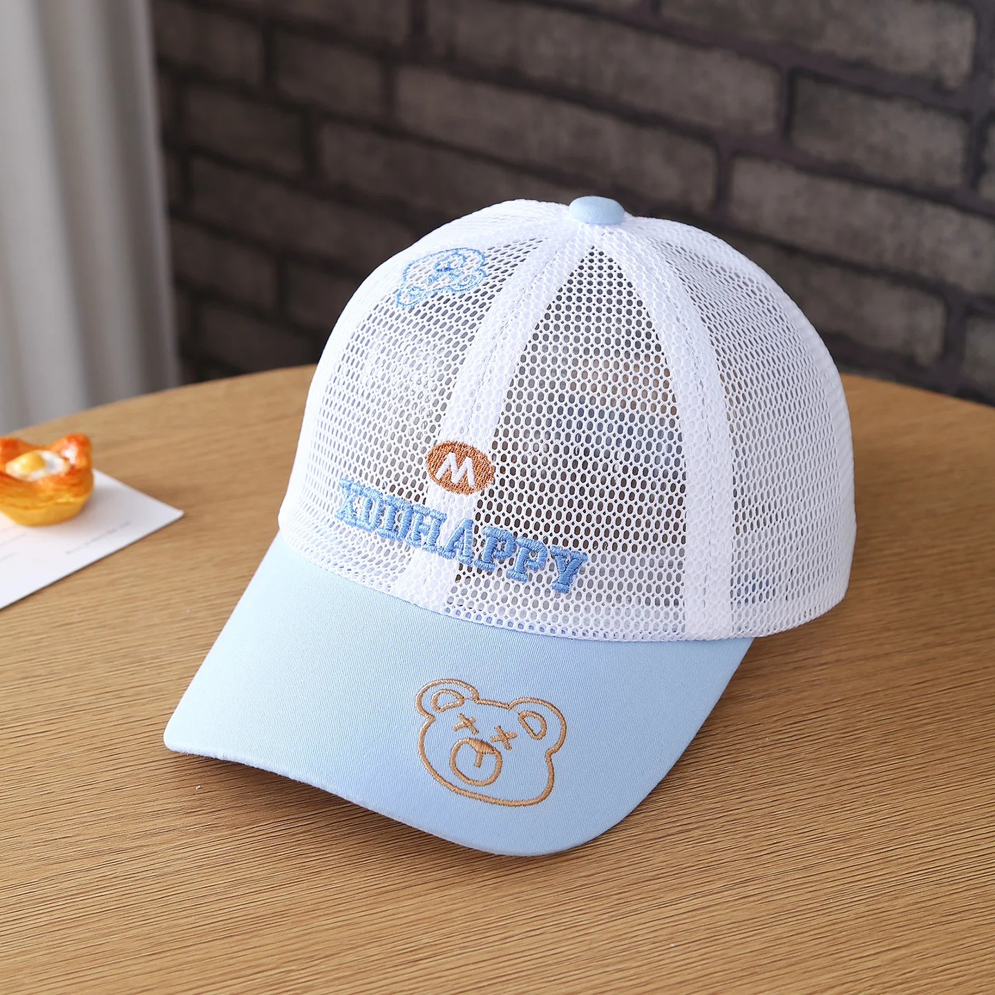 Newly designed trendy breathable all-net-silk embroidered letter bear brimless sun hat baseball cap view 2