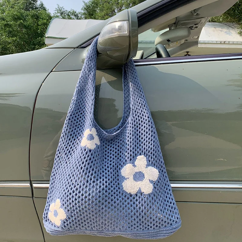 Ins Fashion Sweet Flower borsa a mano cava lavorata a maglia borsa per la spesa di grande capacità borsa a tracolla retrò semplice da donna per le