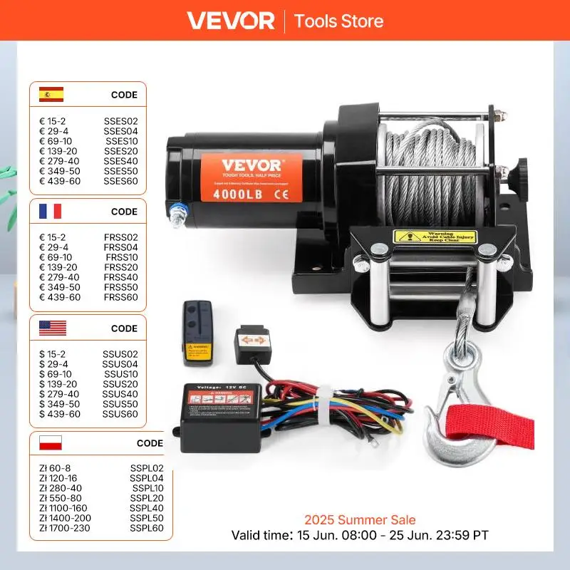VEVOR 4000lbs Electric Winch with 39ft 7 Strands Steel Cable Wireless & Wired Remote Control ATV/UTV Winch for Truck Towing