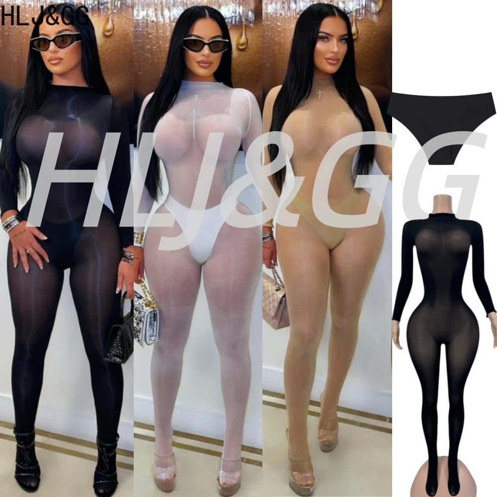 

HLJ&GG Sexy Mesh See Through Bodycon One Piece Jumpsuits And Underwear Sets Women O Neck Long Sleeve Stretchy Clubwear Playsuits