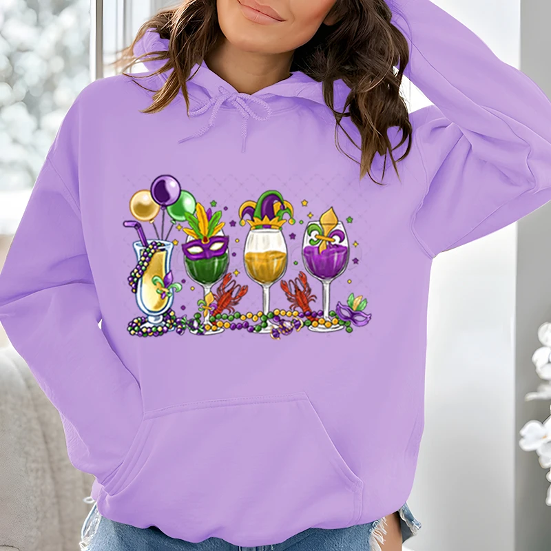 Mardi Gras Drinking Party Classic Hoodie Female Fat Tuesday Wine Cartoon Pullover Hoodies Mardi Gras Drink Casual Woman Clothing