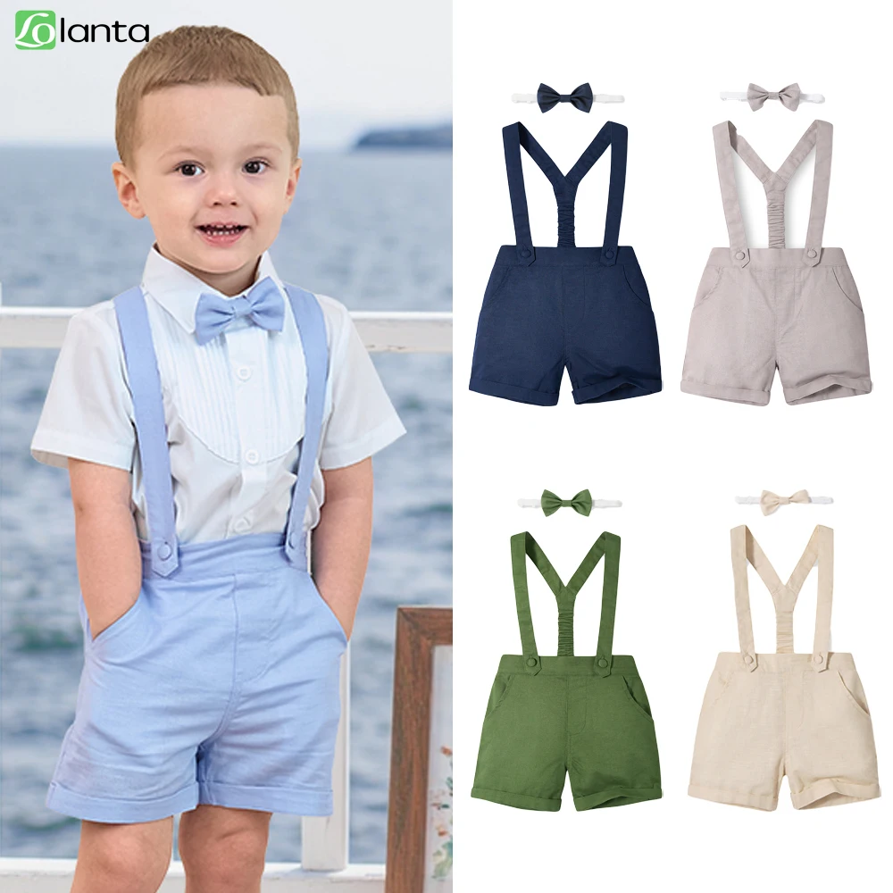 LOlanta Kids Boy Suspenders Shorts Baby Toddler Cotton Linen Shorts with Bowtie Infant Gentlemen Formal Outfits