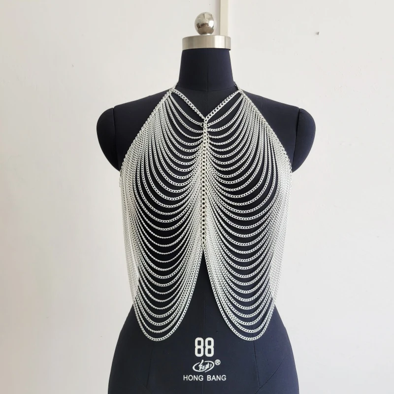 Damen Mehrschichtige Silberne Metall-Ketten Body Top Halter V-Ausschnitt Fransen Body Harness Crop Top Nachtclub Rave Festival Sexy Ketten-Tops – Detail 2