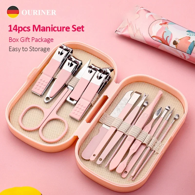 14-Piece Pink & Blue Stainless Steel Manicure Pedicure Kit, Nail Clippers Scissors Ear Spoon Nail Grooming Set for Men Women