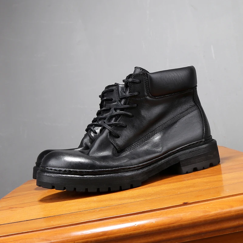 High End Handmade Genuine Leather Washed Retro High Top Men's Shoes Motorcycle Workwear Versatile