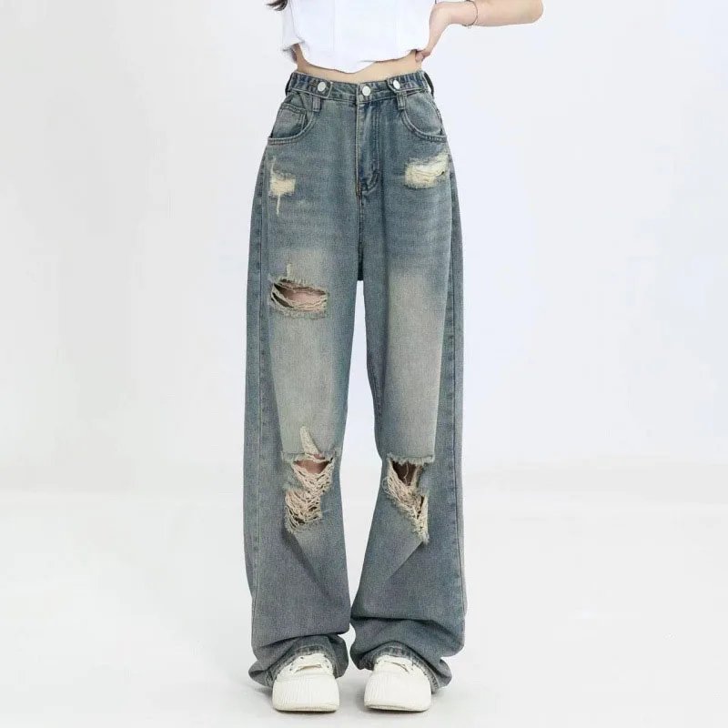 

Vintage ripped jeans for women with loose and slim fit design, high street wide leg floor pants, size reference size chart