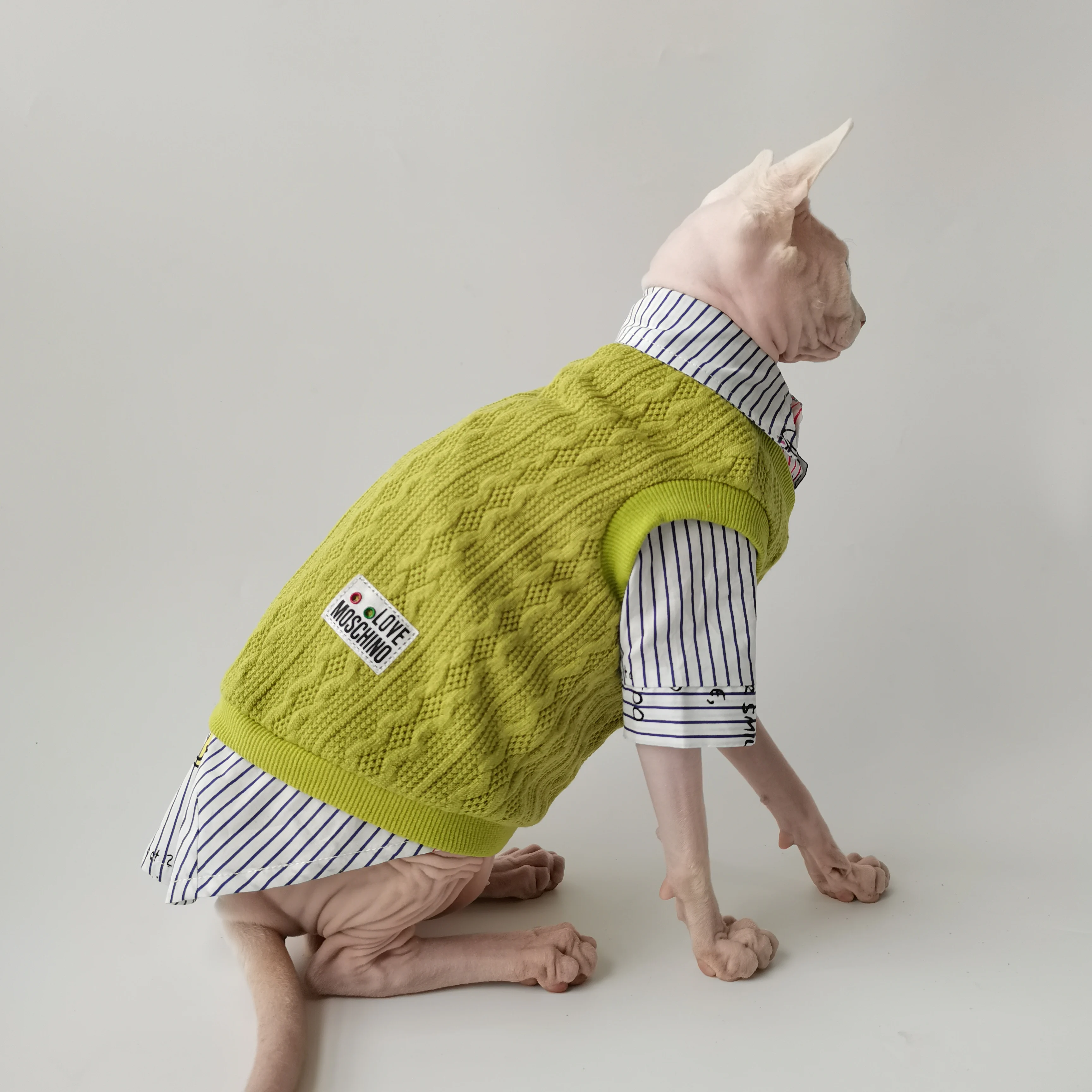 British Gentleman Style two-piece Set for Sphynx Cat Spring Autumn Shirt knitted Sweater Elegant Suit Green Blue Vest for Kitten view 3