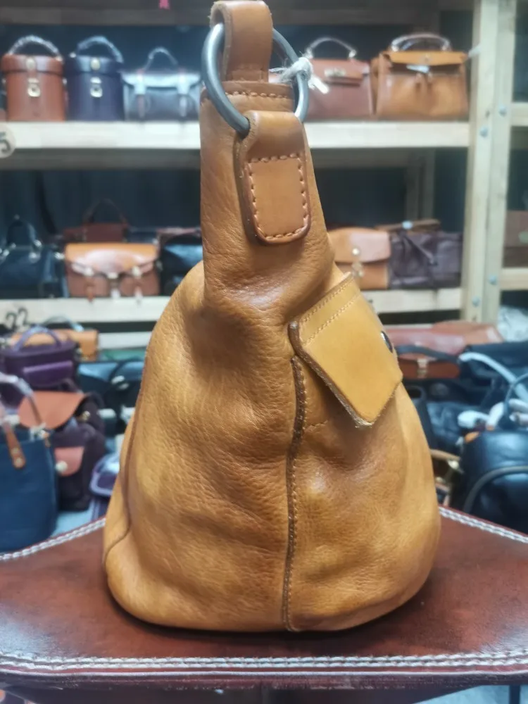 Italian Retro Designer Soft Real Cowhide Genuine Leather Bucket Bag Women Casual Handbag Unisex Single Shoulder Crossbody Bags