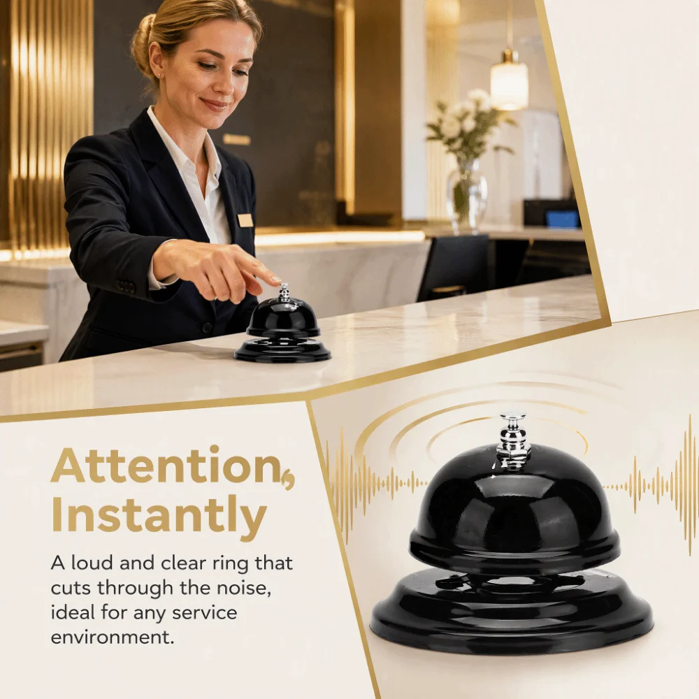 2 PCS Stainless Steel Service Bell Nonslip Base Black Call Bell Polished Finish Clear Sound Ring Bell