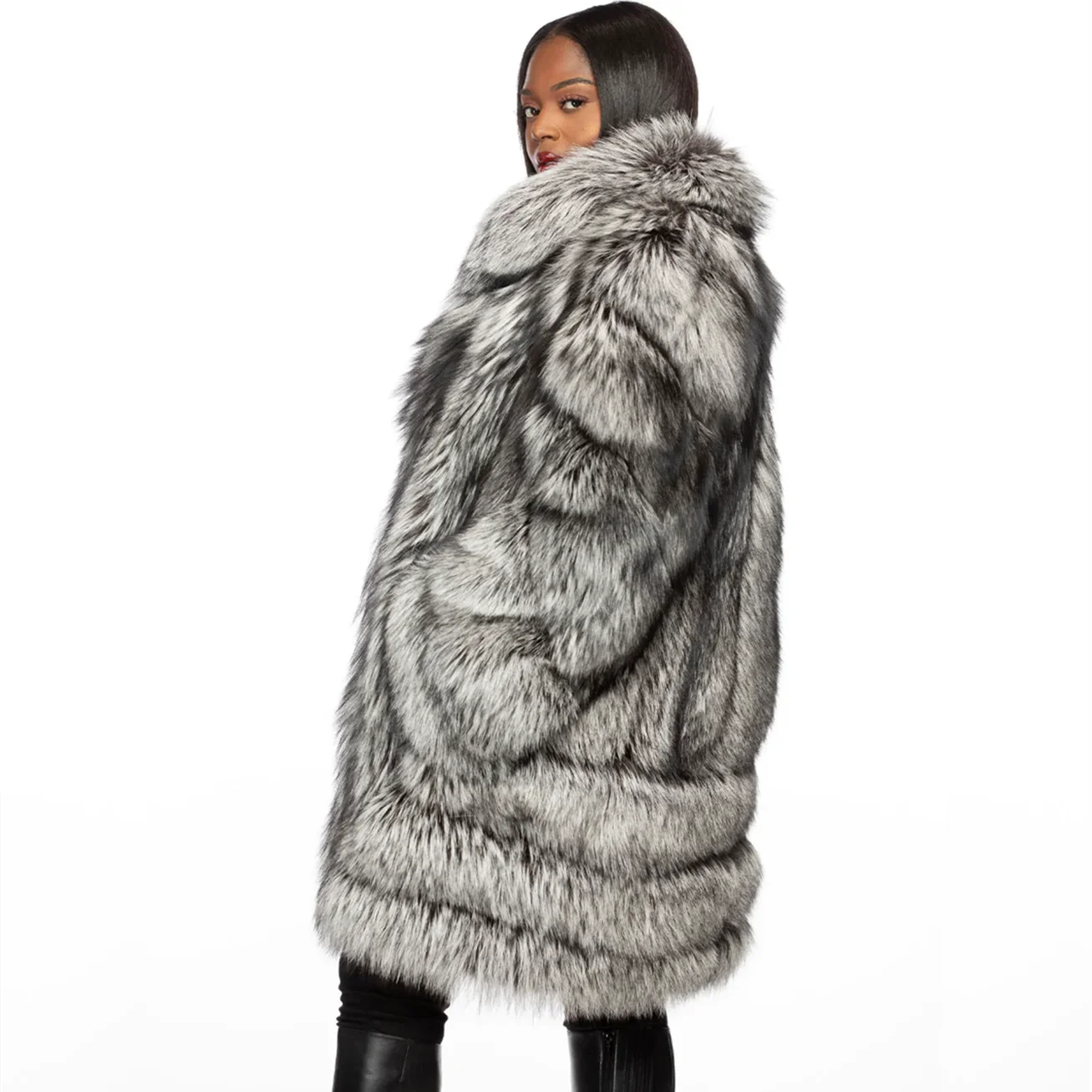 Women's Real Silver Fox Fur Coats Fashion Luxury Natural Fox Fur Thick Overcoat Winter Warm Lapel Genuine Fur Jacket Outwear