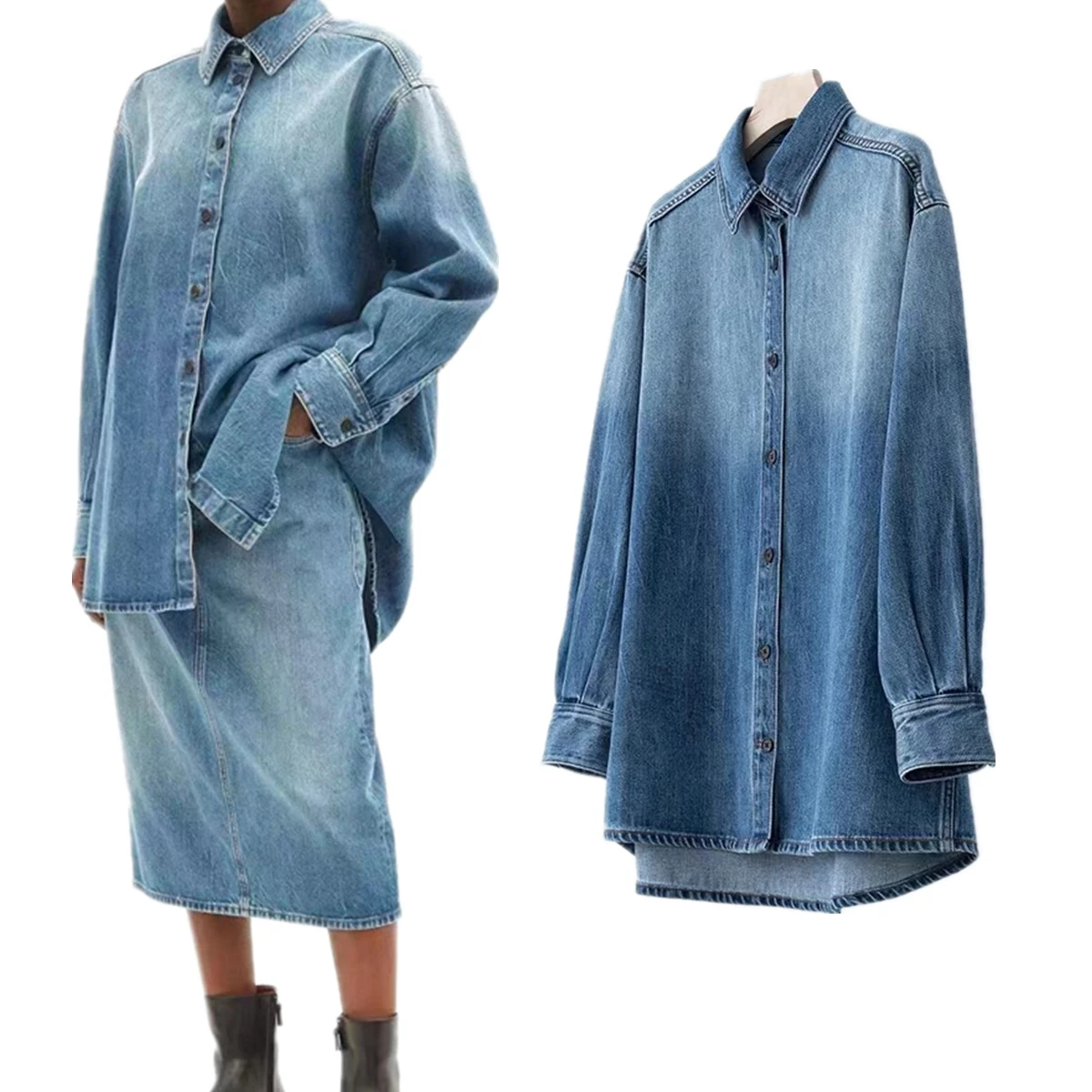 

Jenny&Dave Minimalist Cotton Blue Denim Shirt Women Boyfriend Style Loose Fit Oversized Shirt Women Blouse Top