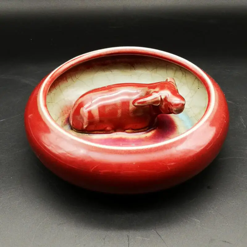 Chinese Jun kiln red glazed ice cracked cow statue pen wash antique collection stationery supplies Desktop ornaments