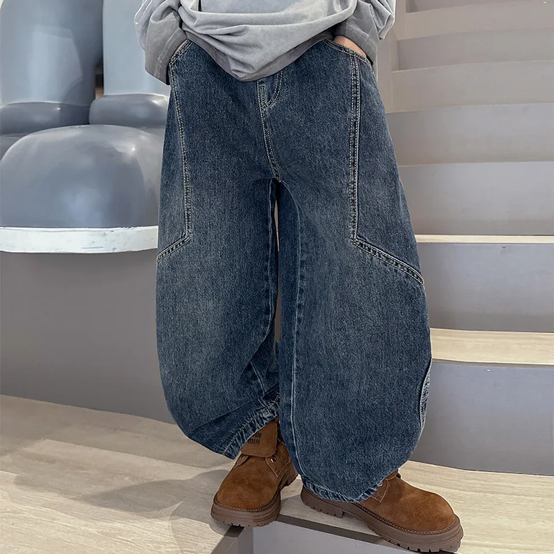 Autumn Kids Vintage Heavy Curved Jeans with Patchwork Design Boy Hip Hop Distressed Baggy Denim Pants Child Wide Leg Trousers