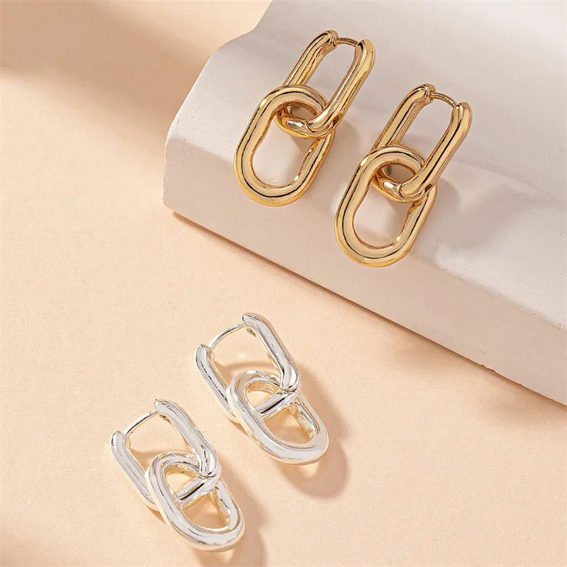 Stainless Steel Fashion Gold Color Geometric Square Hoop Earrings for Women Huggie Punk Hip-Hop Metal Round Circle Party Jewelry
