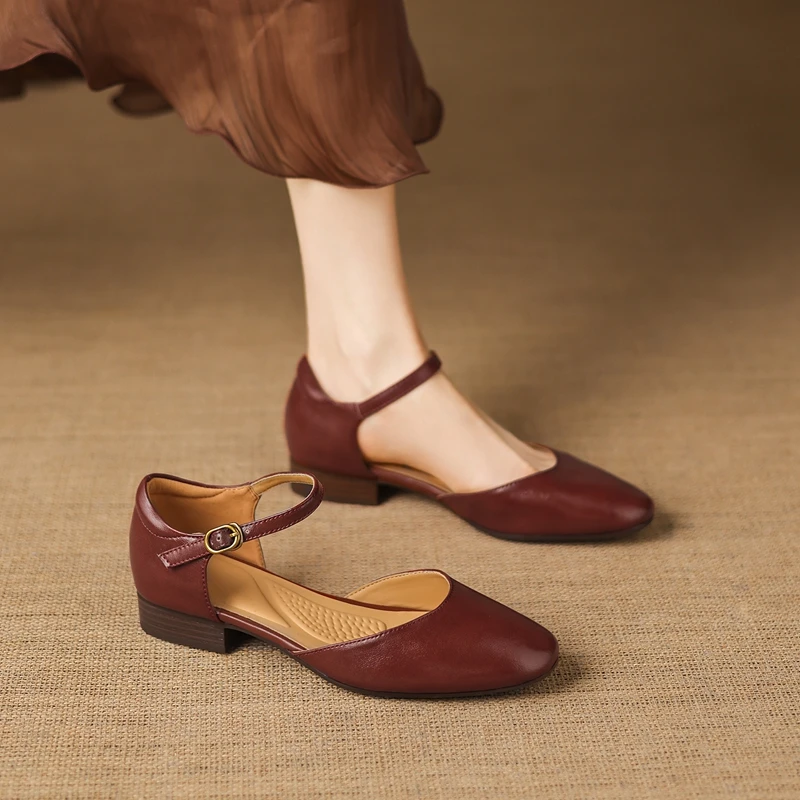 

Women's new summer genuine leather cowhide round toe low heel loose grip hollow breathable retro M ü ller shoes fashion sandals