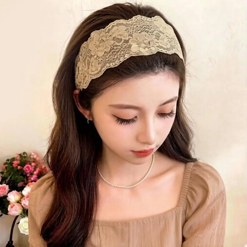 31BB Floral Hair Band Lace Headband for Women Girl, Decorative Soft Fabric Design Hairwrap for Makeup Prep and Everyday Styling