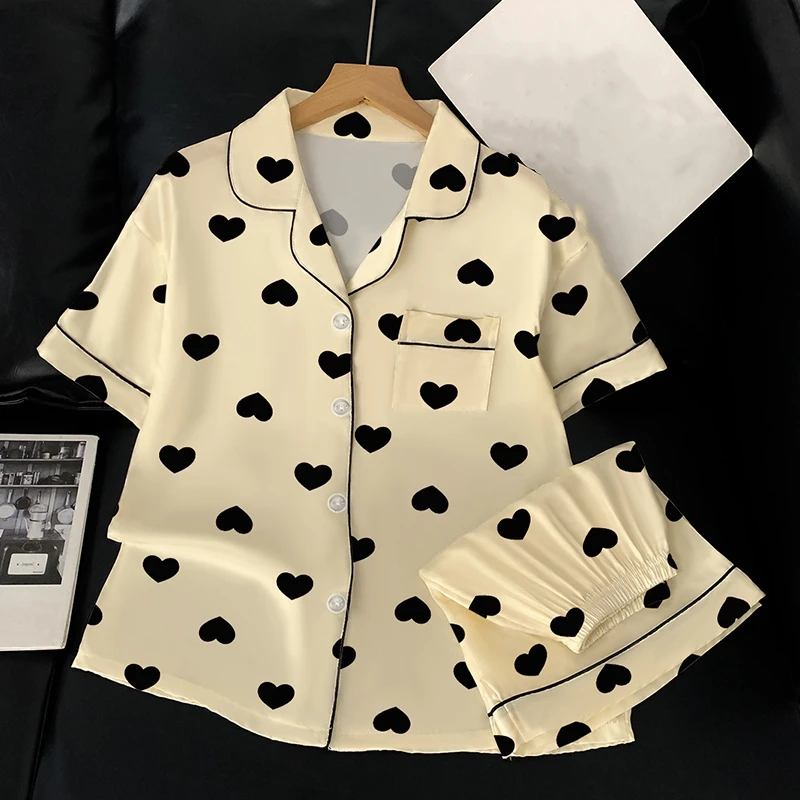 한국어 스타일 사랑 인쇄 여성 잠옷 캐주얼 여름 새로운 2025 패션 2 PC 잠옷 세트 짧은 옷깃 목 디자인 Loungewear 여자