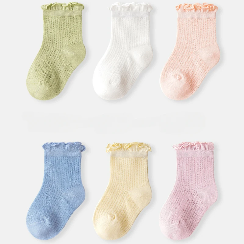 Summer Thin Baby Short Socks Mesh Class A Combed Cotton Solid Color Lace Wide Mouth Infant Children Stockings Soft and Breathy