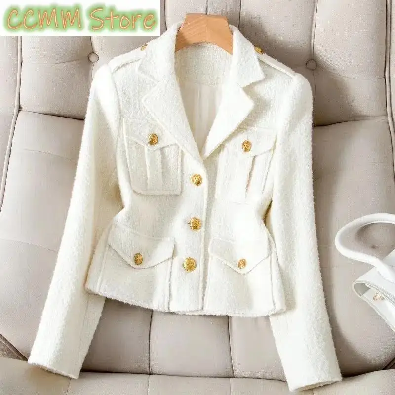 

New Fashion White Blazer Suit collar small fragrance Jacket high-quality Coarse tweed Coat Black Wool Outerwear Woman Short