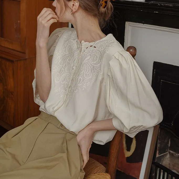 Women's Elegant Embroidered Blouse, Scalloped Neck Puff Sleeve Button Down Top, Vintage Casual Daily Office Wear