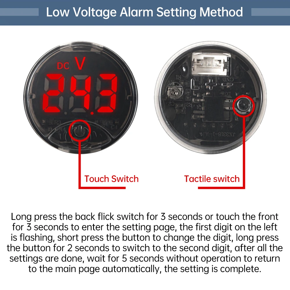 Car Touch Voltmeter DC 0-120V LED Digital Display Round Three Wire Panel Voltage Meter Red/Green/Blue/White