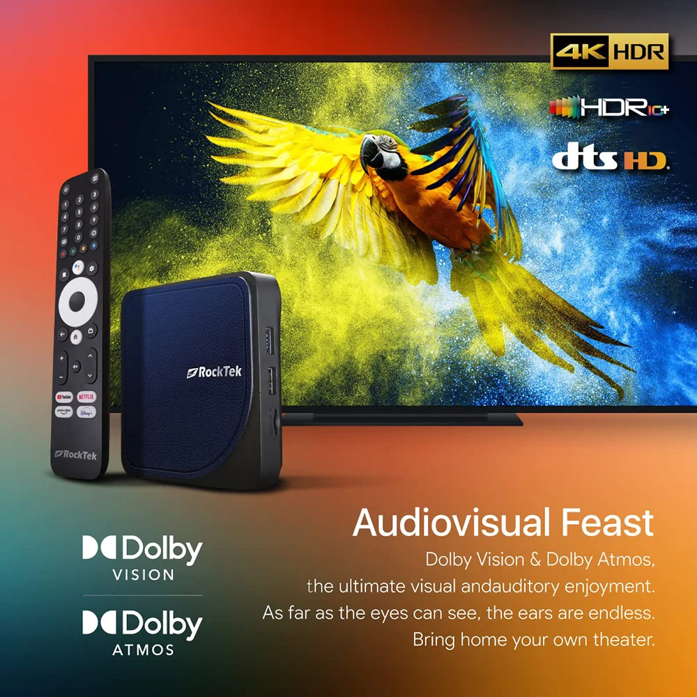 RockTek G2 4K Android TV 11 ATV Stream TV Box  Netflix Google Certified Amlogic S905X4-K Support DTS Dolby Audio Dolby Vision