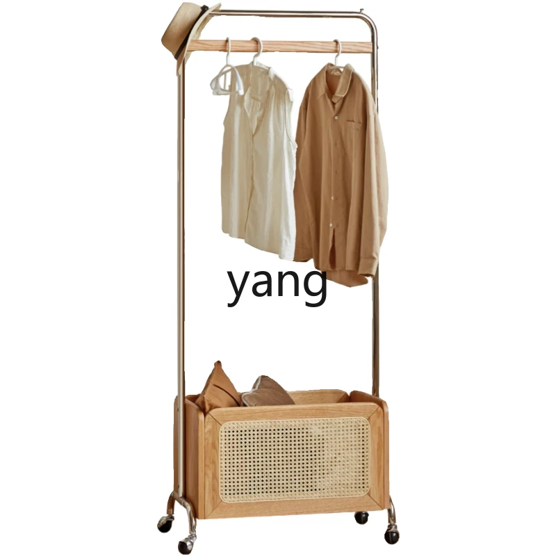 

LMM solid wood coat rack rattan retro with wheels hanger bedroom multi-function]