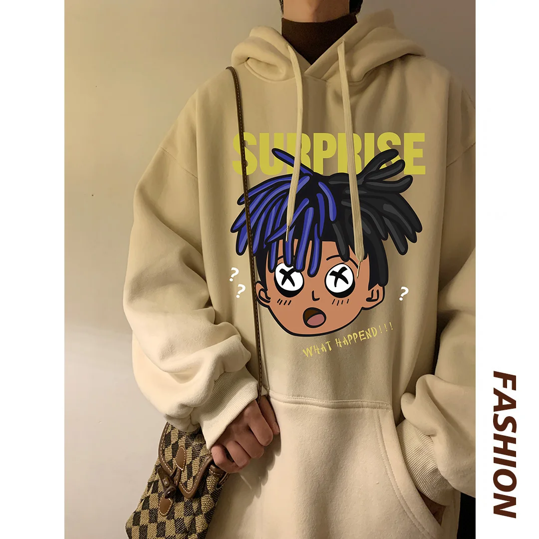 

Мужская зимняя утепленная флисовая толстовка с капюшоном в американском ретро-стиле, свободного кроя, модная повседневная одежда от трендового бренда