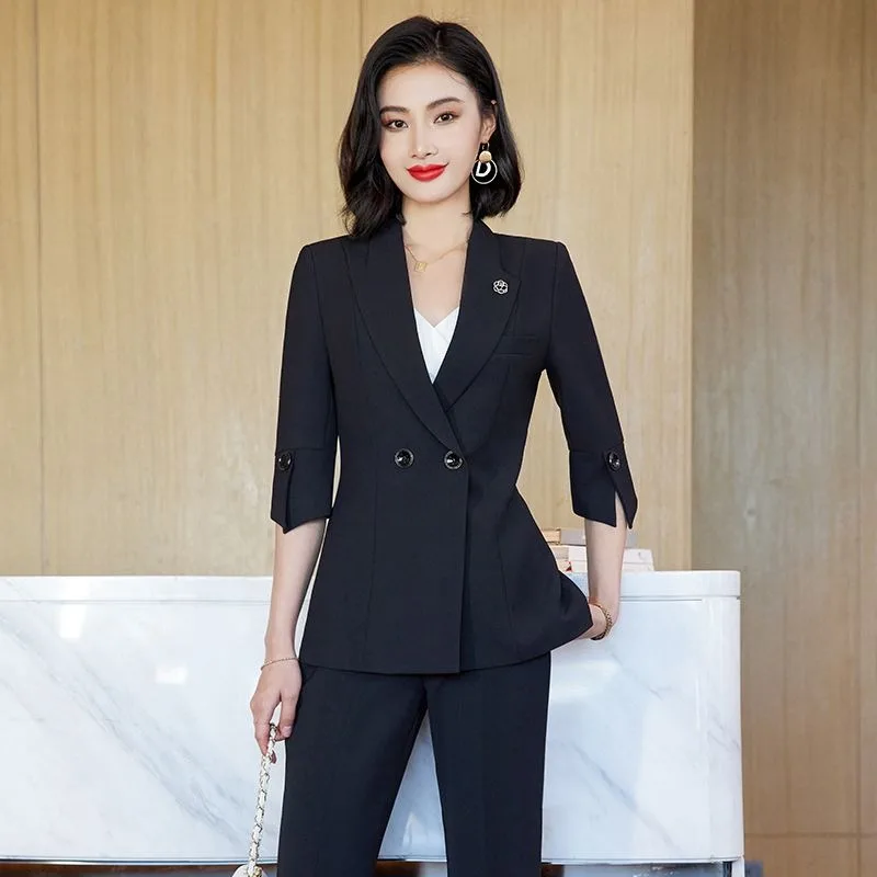 Lnsozkdg-سترات ضيقة للنساء ، معاطف بأكمام طويلة ، معاطف طية صدر أحادية اللون ، بدلات بنطال مزدوجة الصدر ، سيدات المكتب ، موضة جديدة ، الربيع ،