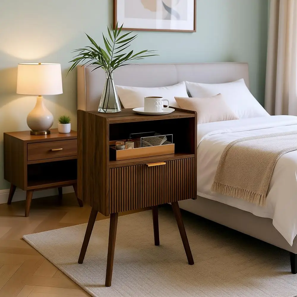 

Walnut Brown Storage Nightstand with Open Shelf and Solid Wood Legs for Living Room, Bedroom, and Compact Spaces, Easy Assembly