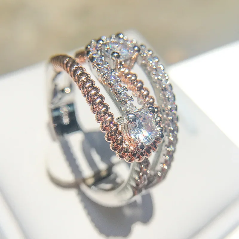 Genuine 100% 925 Sterling Silver Twist Ribbon Wrap Wave Sparkling CZ Finger Ring Women Wedding Engagement Jewelry Anillos Mujer