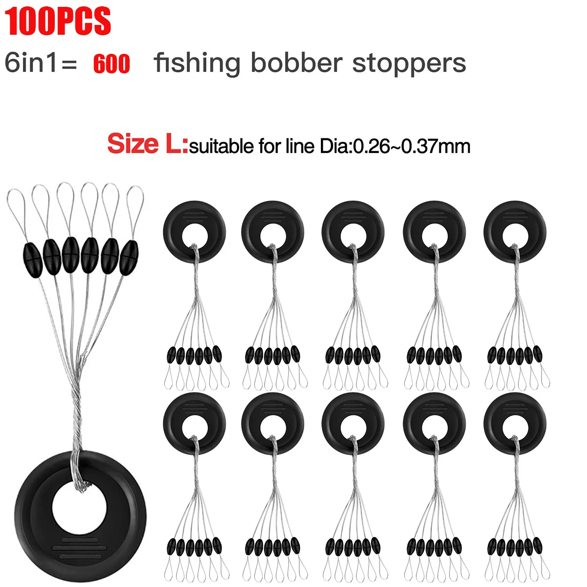 Angel-Bobber-Stopper aus Gummi, 6-in-1-Schwimmer-Sinker-Stopps, schwarzer ovaler Zylinder, L M S-Schwimmer-Stopp verfügbar
