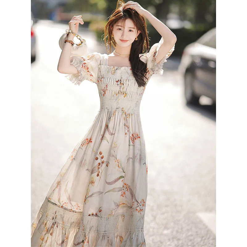 Summer Printed Midi Dresses for Women 2023 Elegant Party Square Neck Short Sleeves Fashion Casual Sweet Bandage Female Clothes